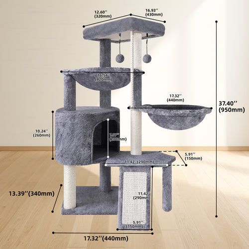 Deluxe 37.4'' Cat Tree Tower with Scratching Posts, Cozy Condo, and Two Hammocks - Stylish Grey Cat Furniture for Play and Relaxation