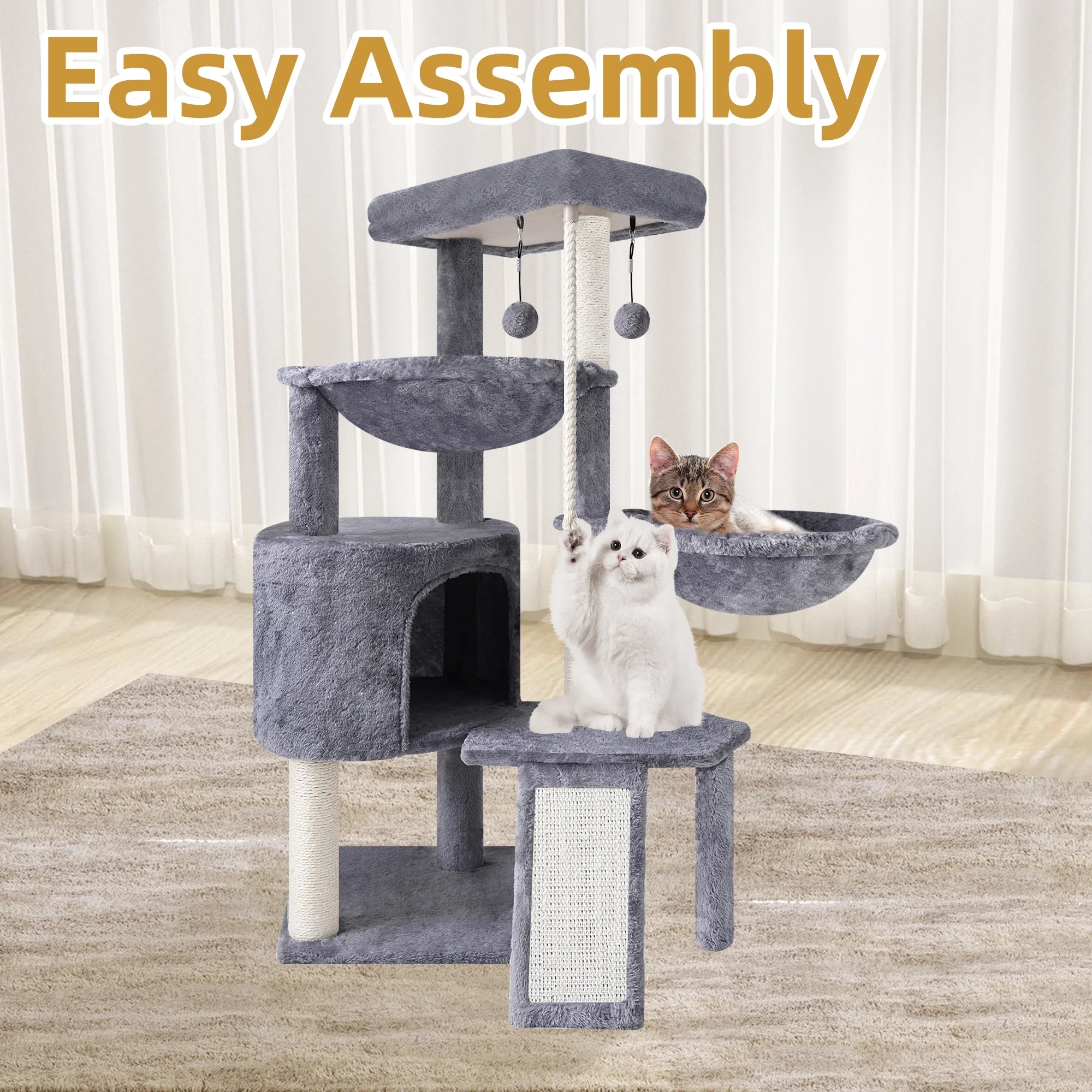 Deluxe 37.4'' Cat Tree Tower with Scratching Posts, Cozy Condo, and Two Hammocks - Stylish Grey Cat Furniture for Play and Relaxation