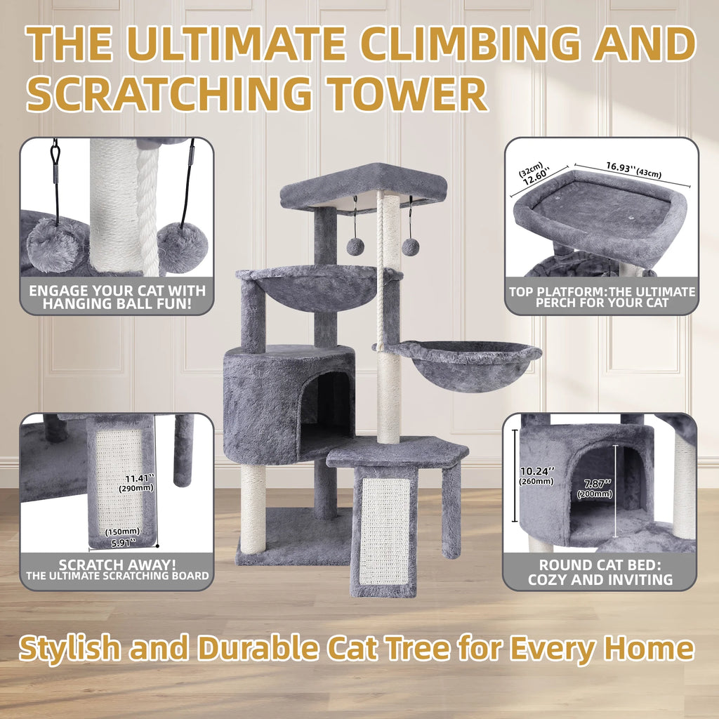 Deluxe 37.4'' Cat Tree Tower with Scratching Posts, Cozy Condo, and Two Hammocks - Stylish Grey Cat Furniture for Play and Relaxation