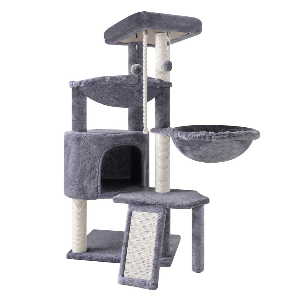 Deluxe 37.4'' Cat Tree Tower with Scratching Posts, Cozy Condo, and Two Hammocks - Stylish Grey Cat Furniture for Play and Relaxation