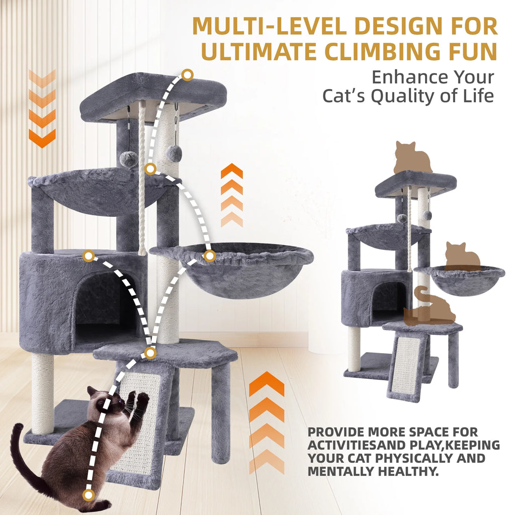 Deluxe 37.4'' Cat Tree Tower with Scratching Posts, Cozy Condo, and Two Hammocks - Stylish Grey Cat Furniture for Play and Relaxation